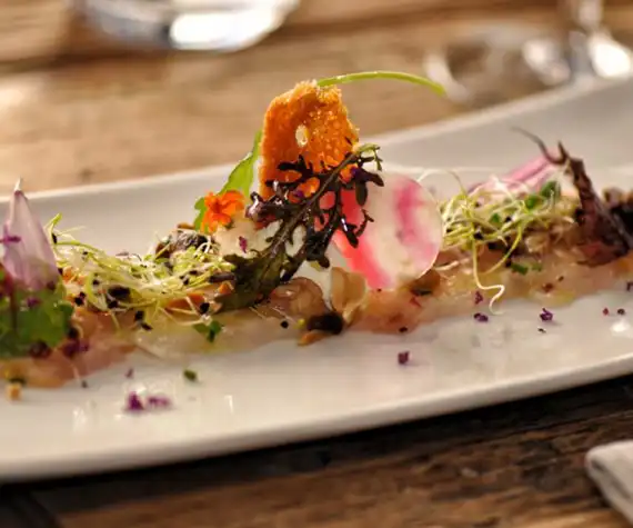 Assiette de gavlax de poisson blanc recouvert de condiments au restaurant La Table de Trois à Bordeaux